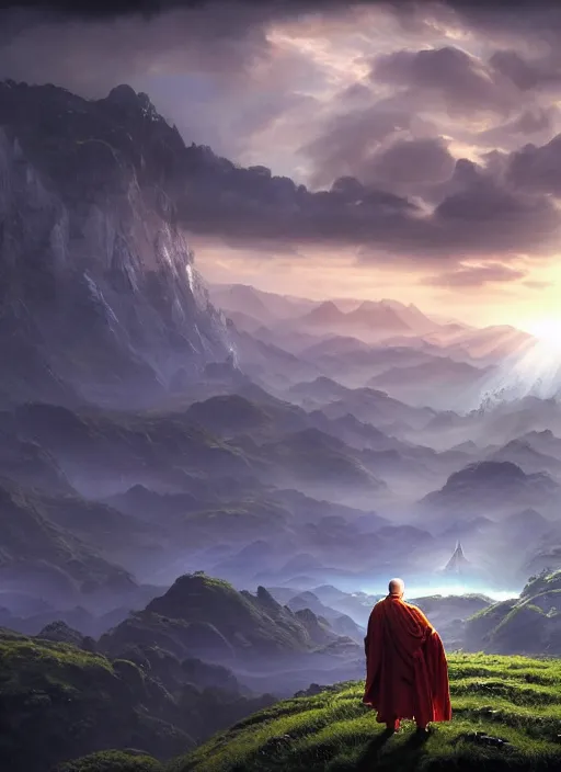 Image similar to a cosmic monk in lord of the rings scenery landscape, looking out at a lush valley, futuristic alien spacecraft in the sky, sunrise, god's rays, highly detailed, vivid color, cinematic lighting, perfect composition, 8 k, gustave dore, derek zabrocki, greg rutkowski, belsinski, octane render