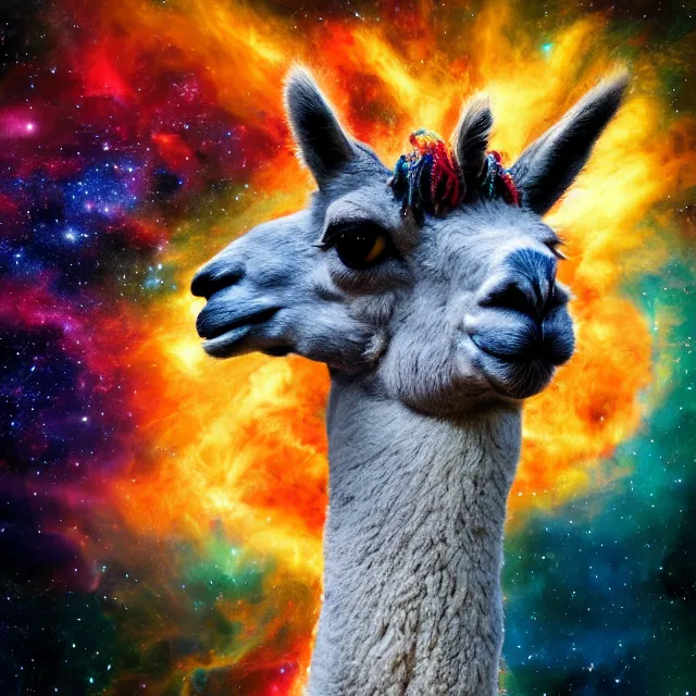 Image similar to llama with dreadlocks, depicted as an explosion of a nebula, 4 k, hyperrealistic painting