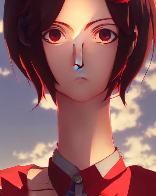 Image similar to makoto shinkai, artgerm, ilya kuvshinov, steampunk beautiful anime woman, red shirt brown pants, black and red hair hair, symmetrical face, symmetrical eyes, full round face, short smile, detailed, summer setting, cinematic lighting