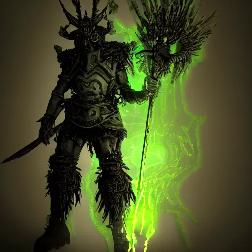 Image similar to 3D model of a (creepy sentinel king) wielding the (mythical) (blade) of the ruined king, (abandoned) (ruins), terror, digital art, destruction, the (void,) ominous vibes, green crown glowing, fear, very detailed, evil, smoke, trending on artstation, intricate details, high definition, 16k, Artstation, by John Wallin Libert