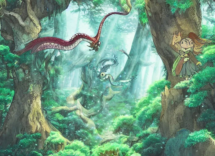 Image similar to Ancient magical forest with a flying a dragon, studio Ghibli style, highly detailed