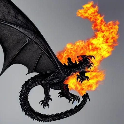 black dragon flying and breathing fire