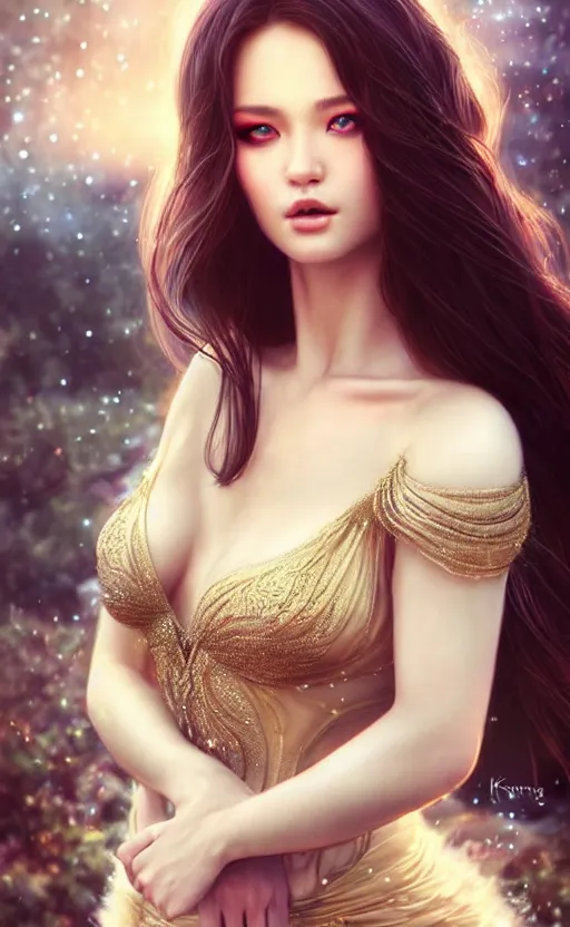 Image similar to a fantasy photo of gorgeous russian female, evening gown, bokeh, medium shot, beautiful face, professionally retouched, soft lighting, realistic, smooth face, perfect eyes, sharp focus, 8 k realistic high definition, insanely detailed, intricate, elegant, art by artgerm and kyoung hwan kim