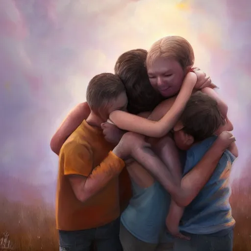 Prompt: A family hugging each other for the last time as the world is ending, meteors are falling from the sky, everything is on fire, dramatic lighting, oil on canvas, dramatic brushstrokes, very very very very very very beautiful, 8K, dark lighting, trending on Artstation, award winning