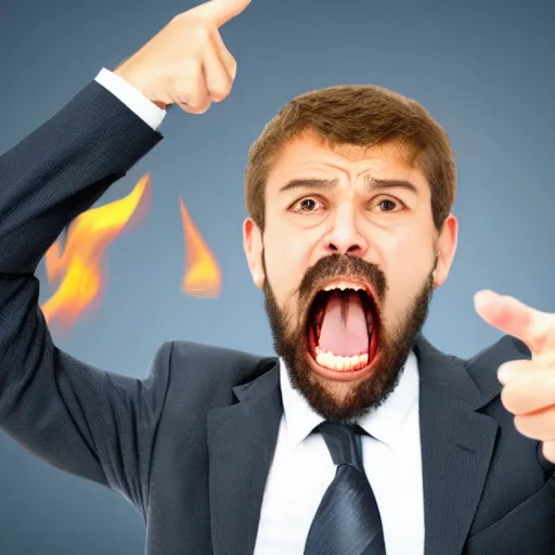 Image similar to stock photo of businessman screaming while pointing at fire