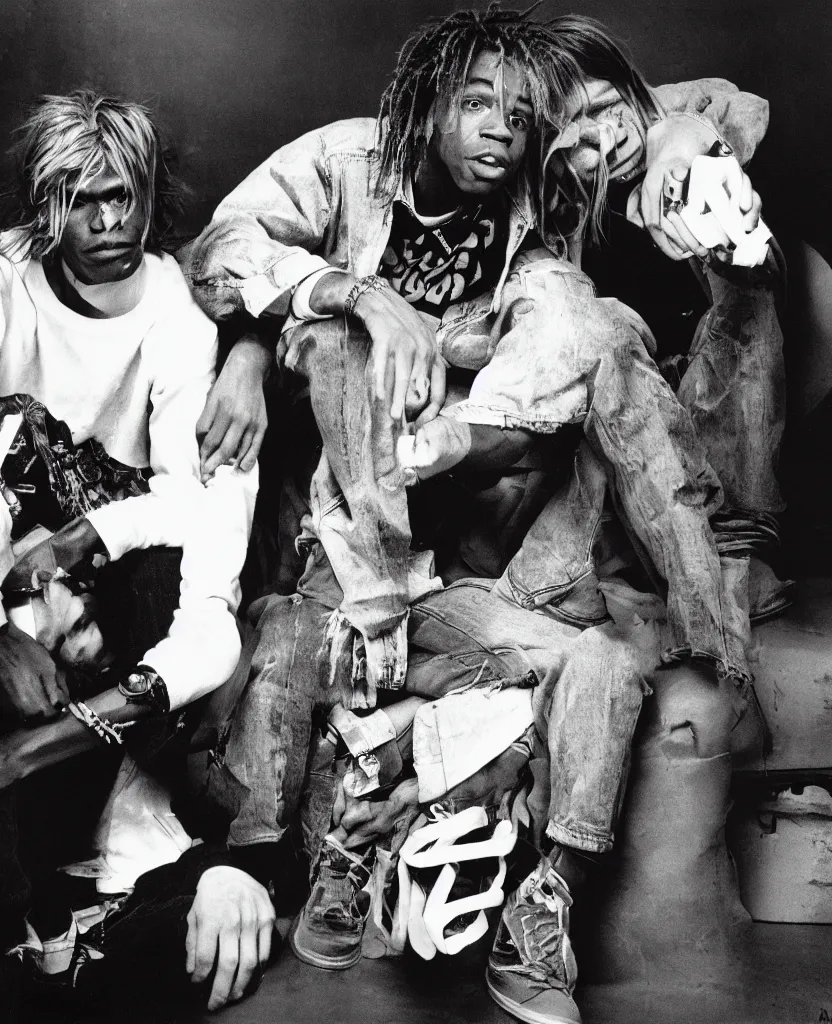 Image similar to basquiat with kurt cobain photographed by annie leibovitz in a hi end photo studio, color, photorealistic,