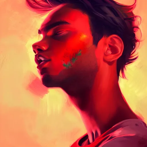 Image similar to colorful and Festive Captivating young man with straight brown hair, black skin, big lips, red t-shirt. rich vivid colors, ambient lighting, dynamic lighting, 4k, atmospheric lighting, painted, intricate, highly detailed by Charlie Bowater