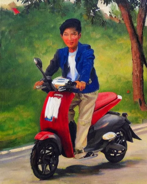 Prompt: asian school boy riding moped, aged oil painting by mai trung thu