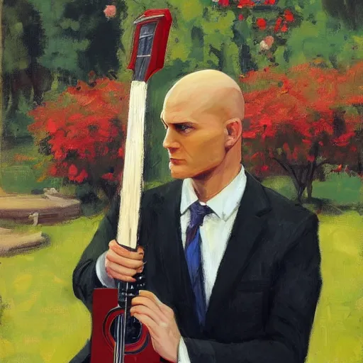 Image similar to a portrait of agent 4 7 from hitman wearing a red tie playing a guitar in a monestary garden by gregory manchess, james gurney, james jean