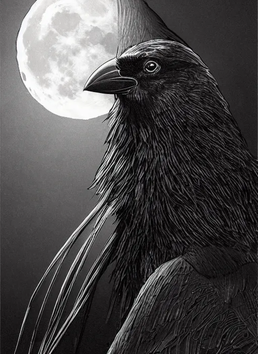 Image similar to portrait, A crow in front of the full big moon, book cover, red white and black colors, establishing shot, extremly high detail, foto realistic, cinematic lighting, pen and ink, intricate line drawings, by Yoshitaka Amano, Ruan Jia, Kentaro Miura, Artgerm, post processed, concept art, artstation, matte painting, style by eddie mendoza, raphael lacoste, alex ross