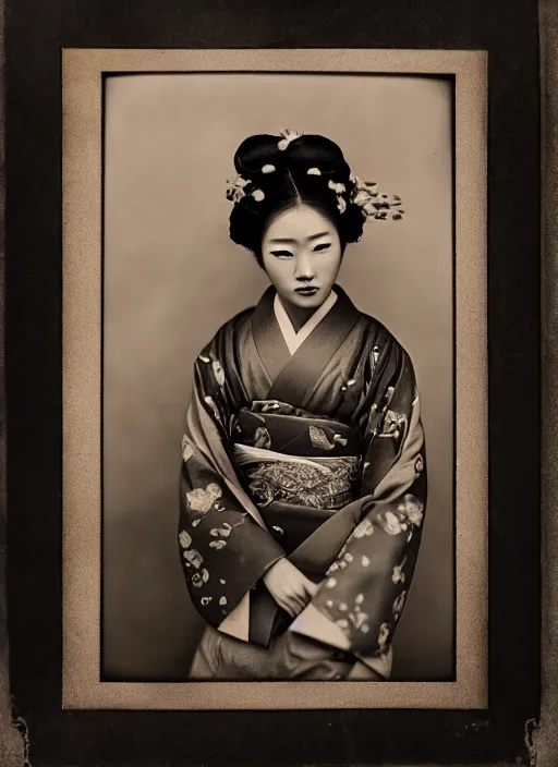 Image similar to a wet plate portrait of a young asiatic woman, geisha, traditional dress, flowers, photorealistic, cinematic light, highly detailed, smooth, sharp focus, illustration, shallow depth of field