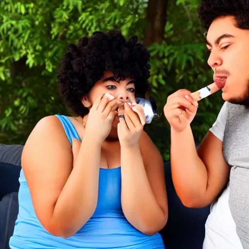 Prompt: fat teenager smoking blunt with fat girlfriend