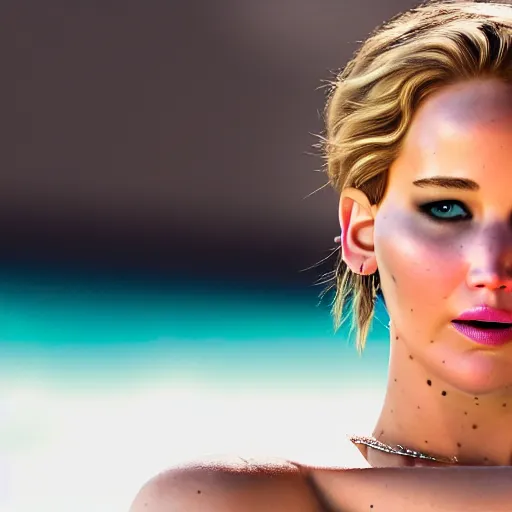 Image similar to beautiful hyperrealism hyperdetailed candid portrait of jennifer lawrence in happy disbelief because of a marriage proposal from jennifer lawrence, flushed face, red blush, puffy lips, soft features, 8 k, sharp focus, golden hour, beach setting