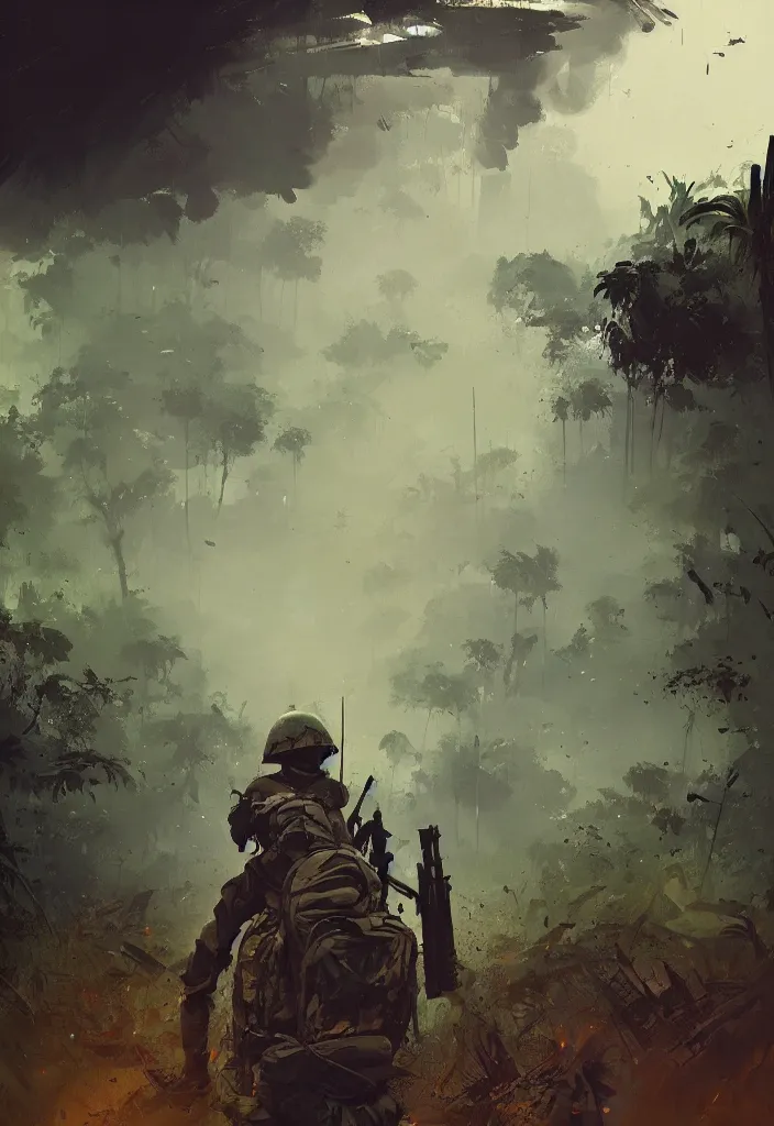 Prompt: ismail inceoglu epic painting of vietnam war, year 1 9 7 0, jungle, smoke and mist, painting, line art, art concept for a book cover, trending on artstation, by greg manchess and by craig mullins and by kilian eng and by jake parker