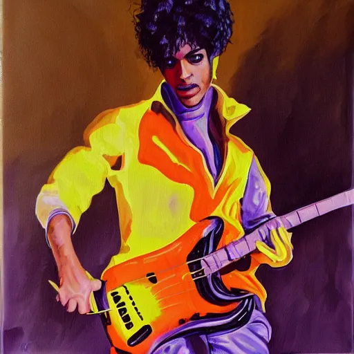 Prompt: an action painting of Prince as a construction worker in a hi viz jacket, playing the bass-n 9
