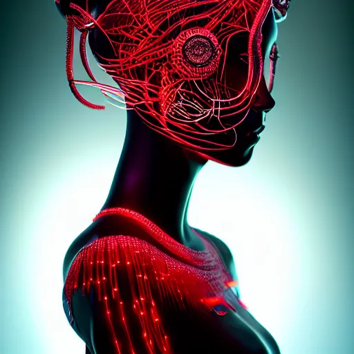 Prompt: portrait of an absurdly beautiful, graceful, sophisticated, fashionable asian cyberpunk mechanoid gravure idol, hyperdetailed illustration by irakli nadar, adut akech, matt wisniewski style, intricate linework, dark black porcelain skin, jellyfish headdress, unreal engine 5 highly rendered, global illumination, neon red light, detailed and intricate environment