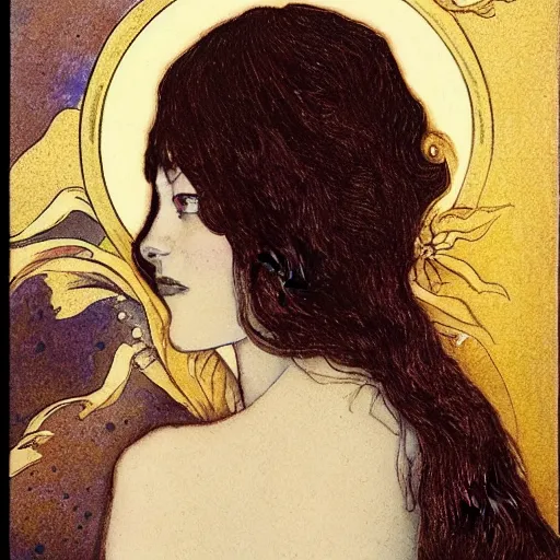 Image similar to emma stone portrait by louis - theophile hingre, zodiac, tarot cards, planets, ethereal, art nouveau