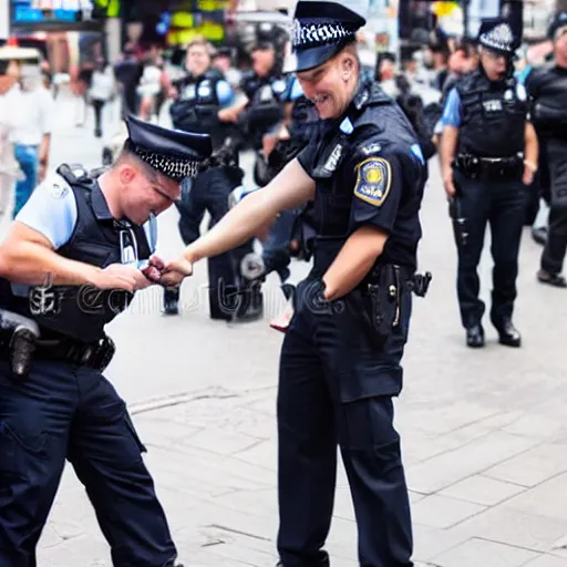 Image similar to a police officer handcuffing another police officer, both smiling, time square, stock photography, award - winning,