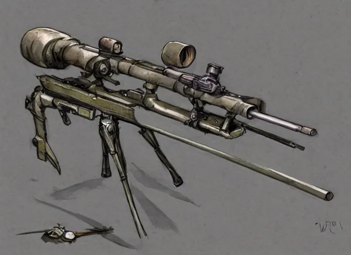 Image similar to concept art of a sniper rifle in futuristic, fantasy, steampunk, pinterest, artstation trending, behance, watercolor, by coby whitmore, silver, laser light,