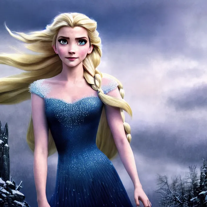 Image similar to portrait of a combination of Ashley Greene, Katheryn Winnick, Victoria Justice and Adriana Dxim, Grace Kelly, Emma Watson and Lily Collins with blonde hair as Elsa from Frozen, countryside, calm, fantasy character portrait, dynamic pose, above view, sunny day, thunder clouds in the sky, artwork by Jeremy Lipkin and Giuseppe Dangelico Pino and Michael Garmash and Rob Rey and Greg Manchess and Huang Guangjian, very coherent asymmetrical artwork, sharp edges, perfect face, simple form, 100mm