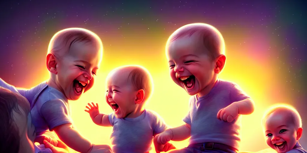 Image similar to epic professional digital art of a happy baby boy with his two fathers, best on artstation, cgsociety, wlop, cosmic, epic, stunning, gorgeous, much detail, much wow, masterpiece, backlight