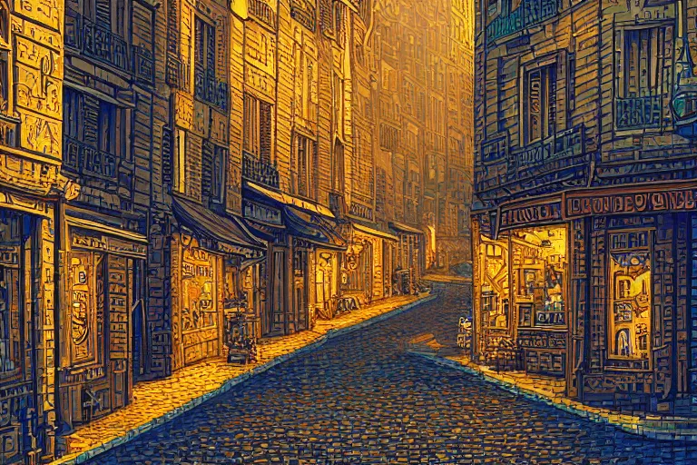 Image similar to a city street in paris under the dark sun, beautiful detailed pixelart by albertov, intricate details, beautiful, dithered gradients, volumetric lighting, cgsociety, artstation, smooth, sharp focus, 2 d illustration, amazing art by dan mumford