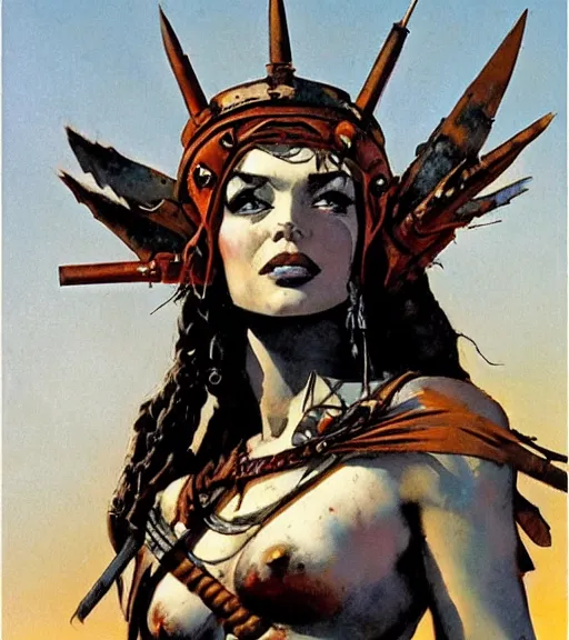 Image similar to mighty princess of the wasteland, scrap metal headdress, strong line, deep color, cloudy sky, beautiful! coherent! by brom, by frank frazetta, low angle