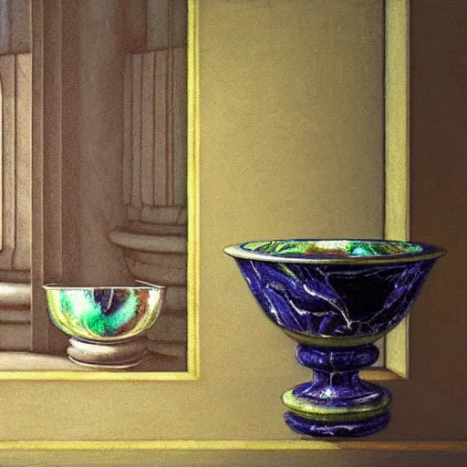 Prompt: still life painting of a room with a balcony and a marbled pedestal displaying an ancient holy blinkmoth urn artifact, centered in frame chromed and ornate with gentle iridescent shine from within. perspective from the side. realistic light and shadows. moody fantasy art, still life renaissance pastel painting. close up