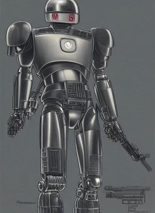 Image similar to Robocop by Ralph Mcquarrie, highly detailed, sharp focus, illustration