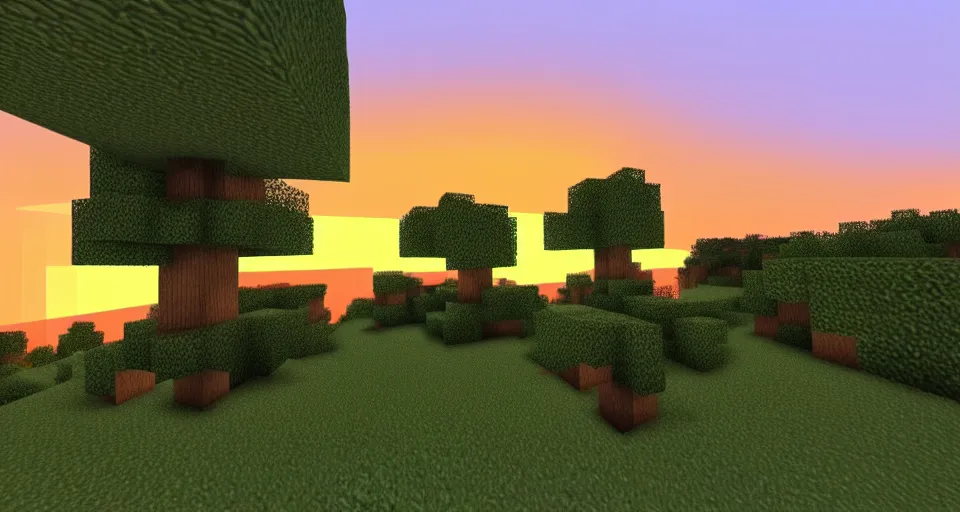 Prompt: minecraft infdev landscape terrain with big minecraft trees ray tracting shaders RTX ON very realistic lighting very very very beautiful sunset