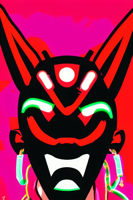 Image similar to guy with japan devil mask, pop art, pixel, gta vice city style, glowing lights, face features, ultrarealistic details, digital painting, trending artstation, concept art, smooth, sharp focus, illustration, intecration details, art by mark millar and richard hamilton and mimmo rottela, kirokaze and paul robertson