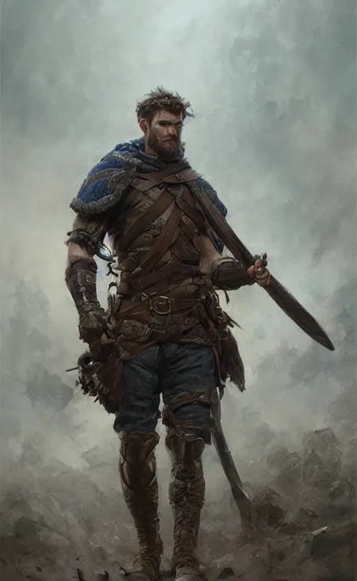 Prompt: Portrait of a rugged ranger marching toward the viewer, male, muscular, blue eyes!!!!, straight nose!!!, detailed face, exposed thighs!!!, fantasy, medieval, highly detailed, cinematic lighting, digital art painting by greg rutkowski