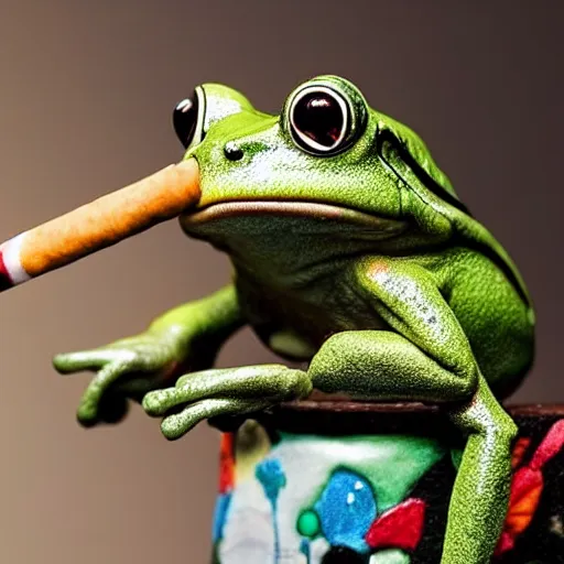 Image similar to a high detail closeup shot of a frog wearing a suit 👔,and smoking a cigarrette🚬