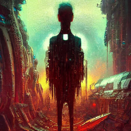 Prompt: an enigmatic and terrifying painting of a cyberpunk portrait by marc simonetti, greg rutkowski, ferdinand knab, colour, hyper detail, 8 k, one giant oak, universe, nebula, burst of colour, imaginary, roots, concept art, out of this world, depth, incredible depth