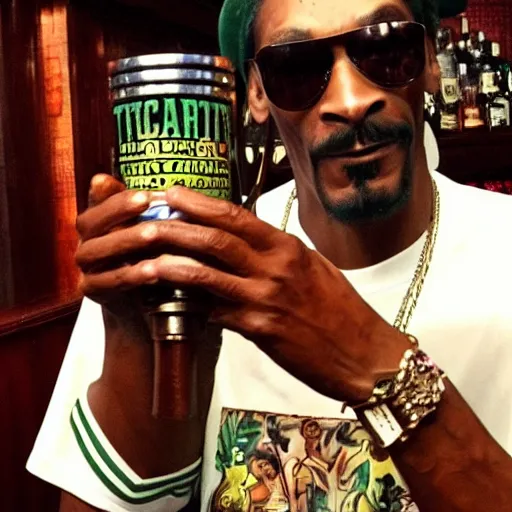 Image similar to snoop dogg at trader vic's bar holding a tiki mug with his face on it