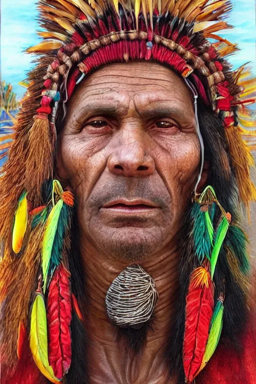 Prompt: Portrait Paintings of a South American Shaman in the style of Luis Tamani, amazing detail, photorealistic, lots of wow,