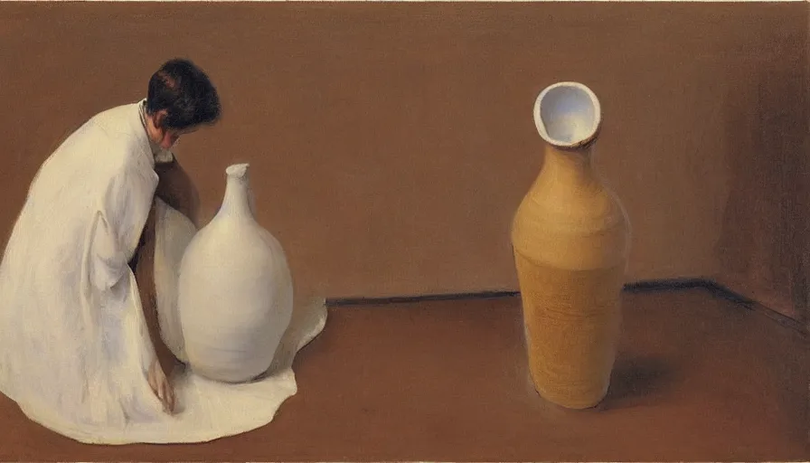 Image similar to painting by borremans, a man and woman with vase instead of the head, detailed, stunning