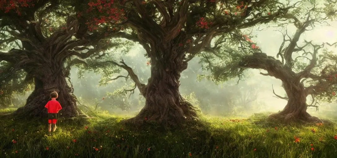 Prompt: Kid with red radioflyer standing in front of beautiful tree house in an old oak tree on a beautiful meadow with flowers, dramatic lighting, cinematic, establishing shot, extremly high detail, photo realistic, cinematic lighting, post processed, concept art, artstation, matte painting, style by eddie mendoza, raphael lacoste, alex ross