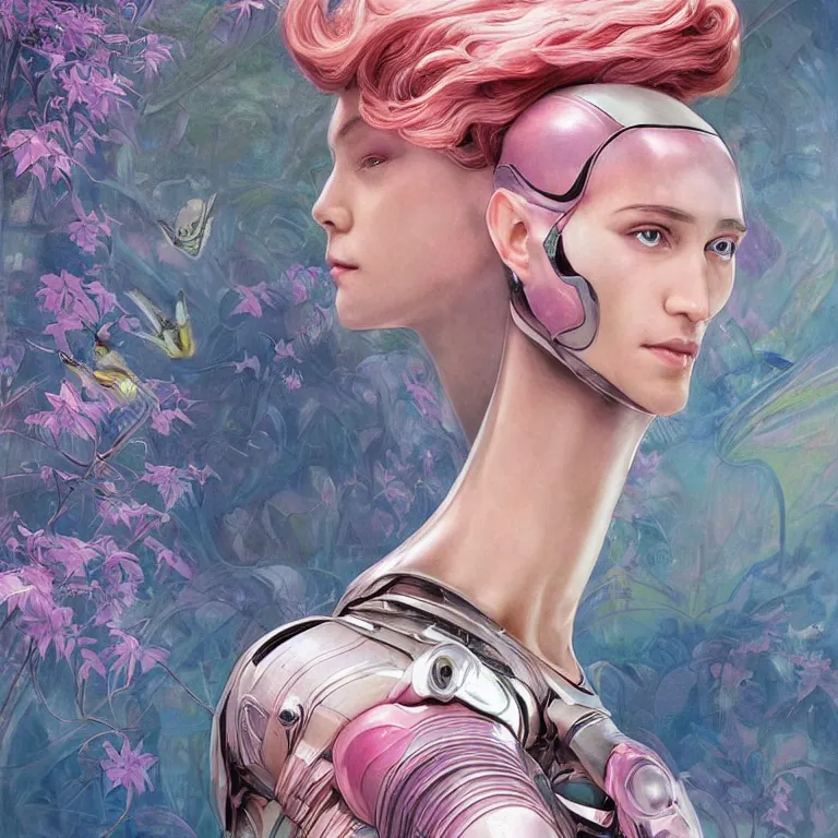Prompt: an ultra real facial portrait of two swirly pink haired lover cyborgs from movie ex machina wearing a greek space suit, muted colors, colorful flowers, tropical, sunlight filtering through skin, dynamic hair movement, dynamic pose, glowing butterflies, j. c leyendecker, by alan lee, wlop! illustrated by starember, fantasy art by craig mullins