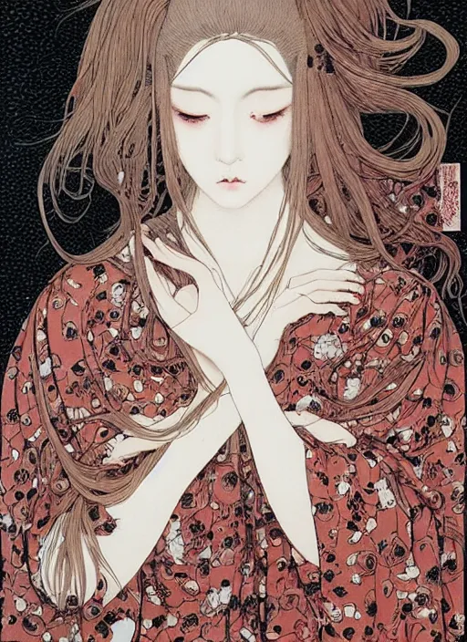 Image similar to pop surrealism, muted colors seductive female, long hair, art by takato yamamoto, trevor brown