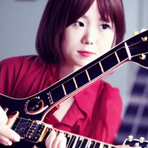 Prompt: real-life Yui Hirasawa playing with a Gibson Pre-'08 Les Paul Standard, a still of a Japanese music movie