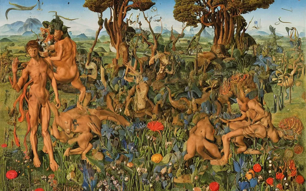 Image similar to a portrait photograph of a meditating satyr and a centaur monk riding a rocket machine and hunting at a river delta. surrounded by bulbous flowers and trees. mountain range under a blue sky of fiery stars. by jan van eyck, max ernst, ernst haeckel, ernst fuchs and artgerm, cgsociety, fashion editorial, 8 k