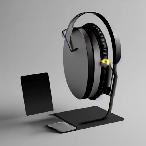 Image similar to headphone stand, futuristic, techno, cyberpunk, product design, 3 d render, 3 d concept, fun, swag, unique