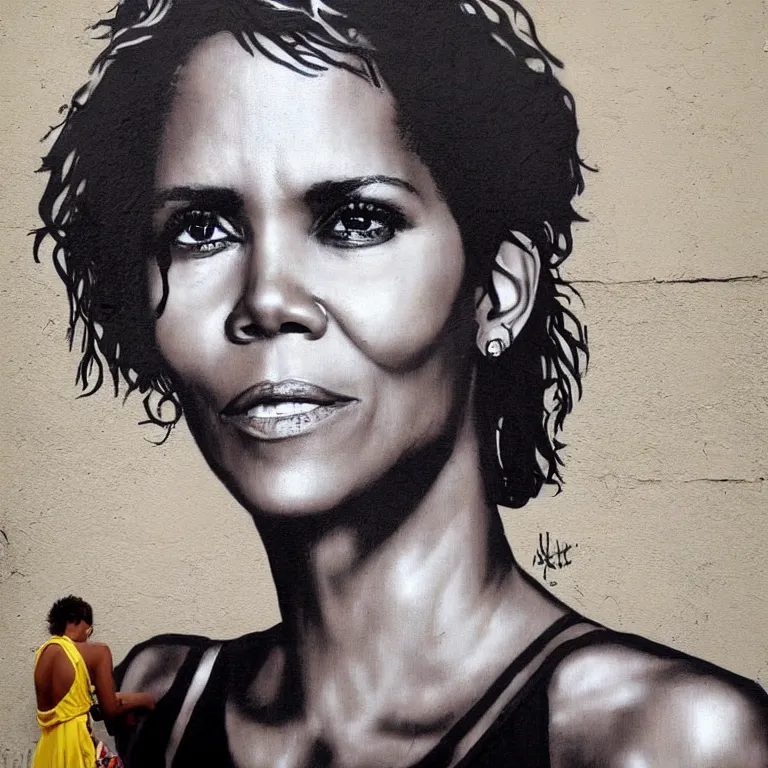 Image similar to Street-art portrait of Halle Maria Berry in style of Banksy, photorealism