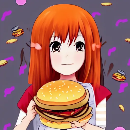 Image similar to a girl eating a hamburger, red hair, anime art, detailed, hd, smooth