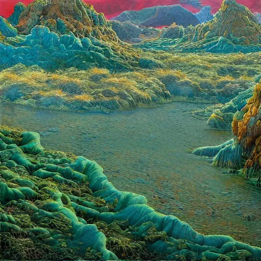 Image similar to painting of a lush natural scene on an alien planet by glenn brown. beautiful landscape. weird vegetation. cliffs and water.