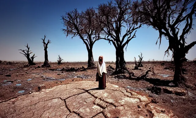 Image similar to medium shot of a nondescript crying ancient dried up Danu, peaceful, facing the camera and standing in front of a dried up river in a desolate land, dead trees, blue sky, hot and sunny, highly-detailed, elegant, dramatic lighting, artstation, 4k, cinematic landscape, photograph by Elisabeth Gadd, Zdzislaw Beksinski