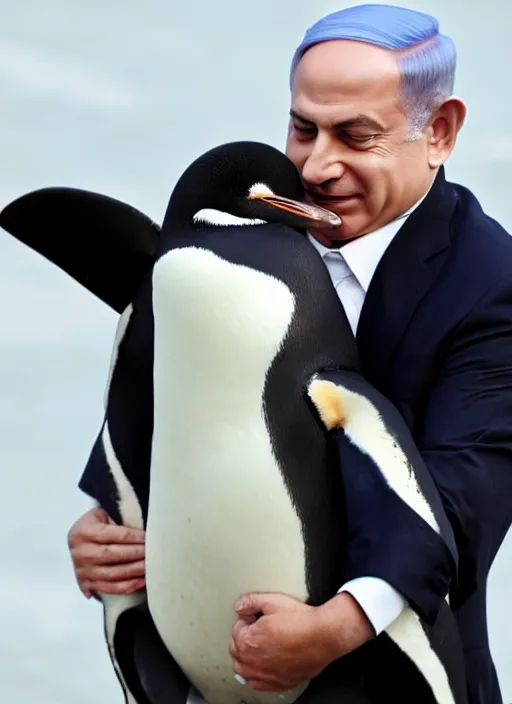 Prompt: benjamin netanyahu hugging a penguin