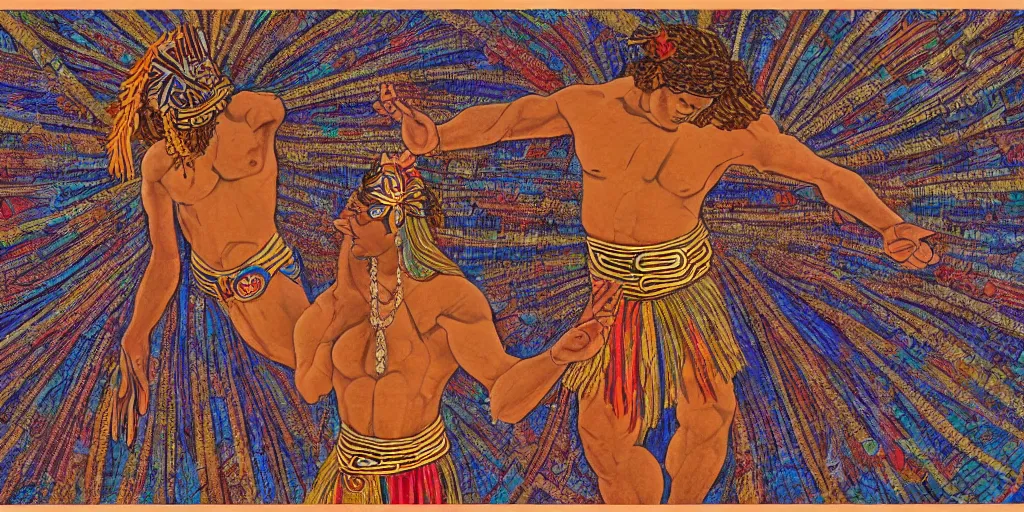 Image similar to an abstract spiritual background, a polynesian greek god dancing, clear eyes. 2 4 mm, photorealistic, muted color scheme, directed by mati klarwein