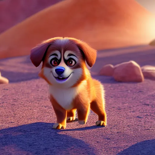 Prompt: tibetan spaniel as nendoroid walking in a desert in the croods movie style, anime, disney, pixar, 8 k, hd, dof, kodak film, volumetric lighting, subsurface scattering, photorealistic, octane render, details